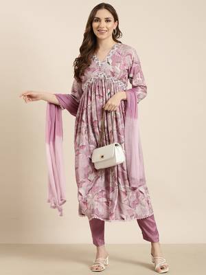women's v-neck floral foil print lavender anarkali kurta and trouser with dupatta 4