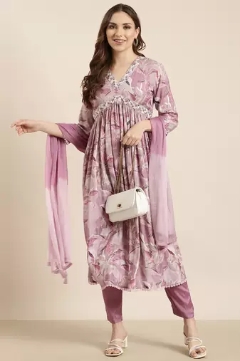 women's v-neck floral foil print lavender anarkali kurta and trouser with dupatta