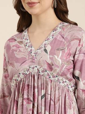 women's v-neck floral foil print lavender anarkali kurta and trouser with dupatta 5