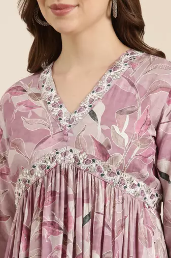 women's v-neck floral foil print lavender anarkali kurta and trouser with dupatta