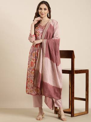 women's v-neck ethnic motifs foil print peach anarkali kurta and trouser with dupatta 1
