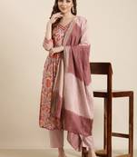 women's v-neck ethnic motifs foil print peach anarkali kurta and trouser with dupatta