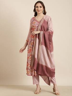 women's v-neck ethnic motifs foil print peach anarkali kurta and trouser with dupatta 2