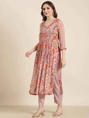women's v-neck ethnic motifs foil print peach anarkali kurta and trouser with dupatta 3
