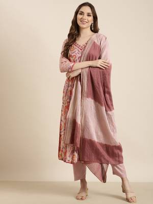 women's v-neck ethnic motifs foil print peach anarkali kurta and trouser with dupatta 4