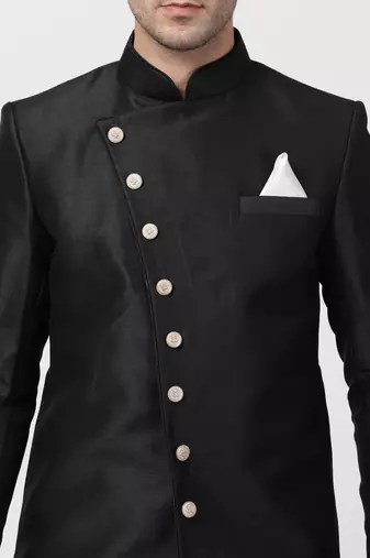 Black Silk Blend Sherwani Set