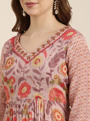 women's v-neck ethnic motifs foil print peach anarkali kurta and trouser with dupatta 5