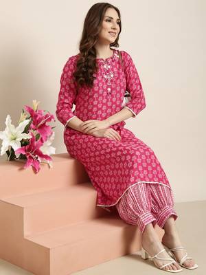 women's round neck ethnic motifs pink a-line kurta and patiala 1