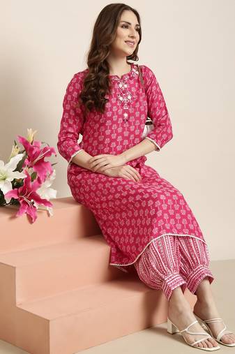 women's round neck ethnic motifs pink a-line kurta and patiala
