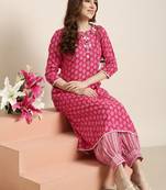 women's round neck ethnic motifs pink a-line kurta and patiala