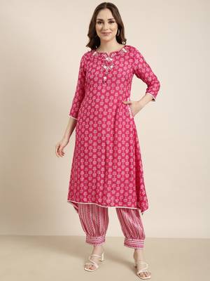 women's round neck ethnic motifs pink a-line kurta and patiala 2