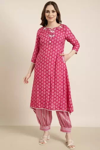 women's round neck ethnic motifs pink a-line kurta and patiala