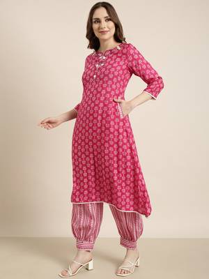 women's round neck ethnic motifs pink a-line kurta and patiala 3