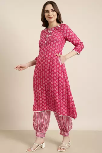 women's round neck ethnic motifs pink a-line kurta and patiala