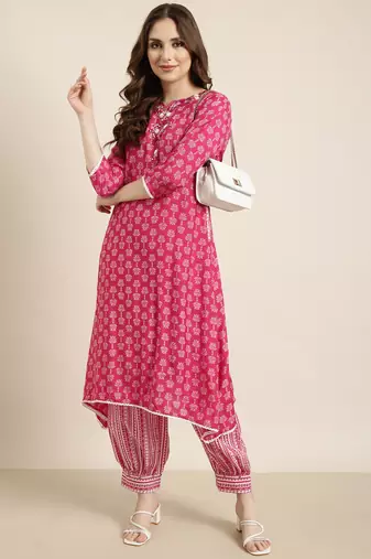 women's round neck ethnic motifs pink a-line kurta and patiala