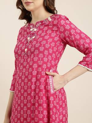 women's round neck ethnic motifs pink a-line kurta and patiala 5