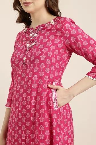 women's round neck ethnic motifs pink a-line kurta and patiala
