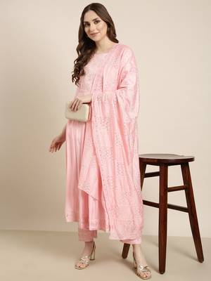 women's round neck solid pink anarkali kurta and trouser with dupatta 1