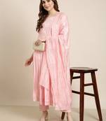 women's round neck solid pink anarkali kurta and trouser with dupatta