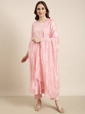 women's round neck solid pink anarkali kurta and trouser with dupatta 2