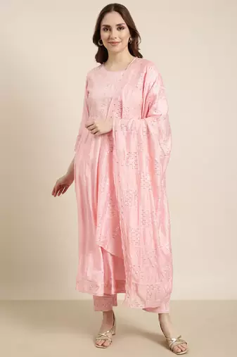 women's round neck solid pink anarkali kurta and trouser with dupatta