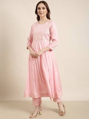 women's round neck solid pink anarkali kurta and trouser with dupatta 3