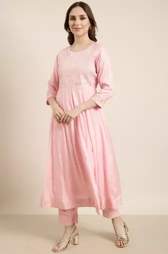 women's round neck solid pink anarkali kurta and trouser with dupatta