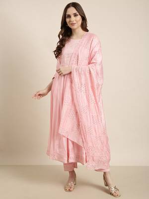 women's round neck solid pink anarkali kurta and trouser with dupatta 4