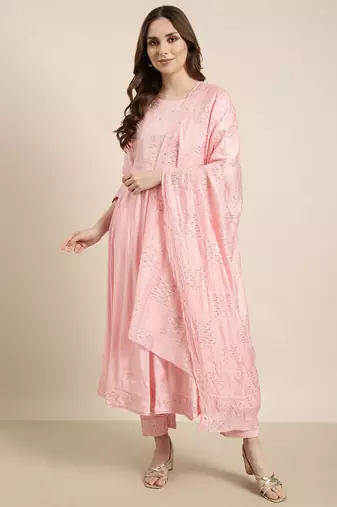 women's round neck solid pink anarkali kurta and trouser with dupatta