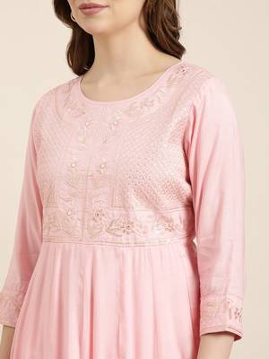 women's round neck solid pink anarkali kurta and trouser with dupatta 5