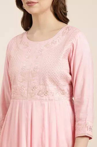 women's round neck solid pink anarkali kurta and trouser with dupatta