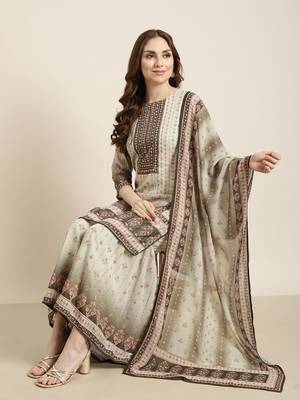 women's round neck floral green straight kurti and sharara with dupatta 1