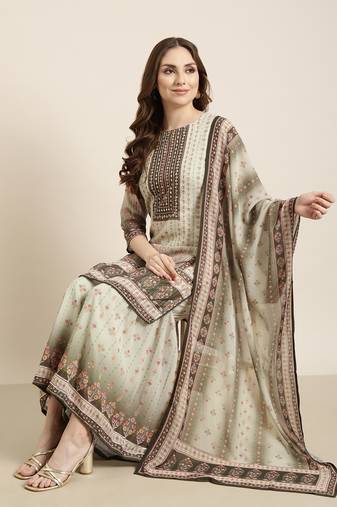 women's round neck floral green straight kurti and sharara with dupatta