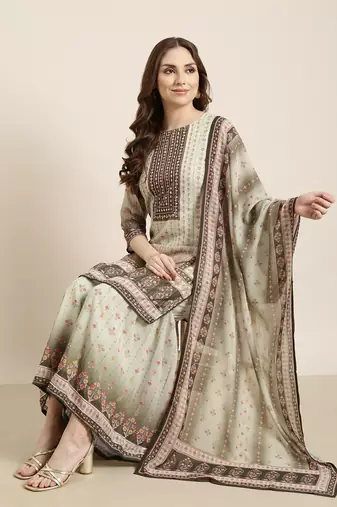 women's round neck floral green straight kurti and sharara with dupatta