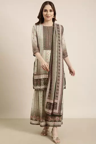 women's round neck floral green straight kurti and sharara with dupatta