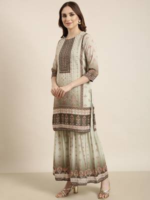 women's round neck floral green straight kurti and sharara with dupatta 3
