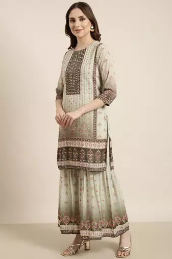 women's round neck floral green straight kurti and sharara with dupatta