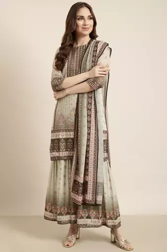 women's round neck floral green straight kurti and sharara with dupatta