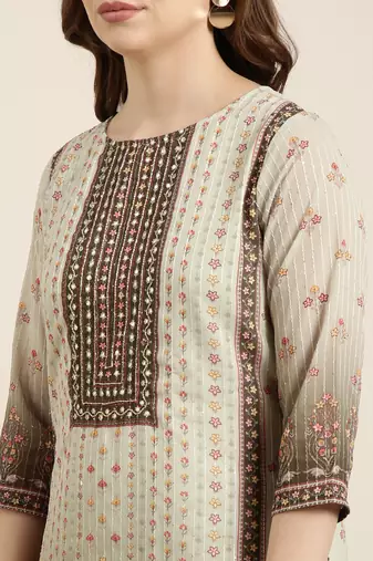 women's round neck floral green straight kurti and sharara with dupatta