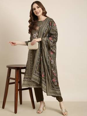 women's round neck floral olive straight kurta and trouser with dupatta 1