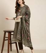 women's round neck floral olive straight kurta and trouser with dupatta