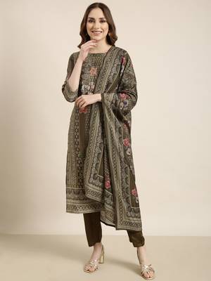 women's round neck floral olive straight kurta and trouser with dupatta 2
