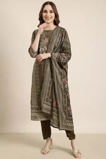 women's round neck floral olive straight kurta and trouser with dupatta