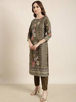 women's round neck floral olive straight kurta and trouser with dupatta 3
