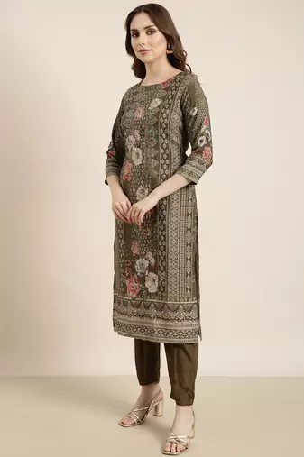 women's round neck floral olive straight kurta and trouser with dupatta