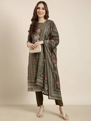 women's round neck floral olive straight kurta and trouser with dupatta 4