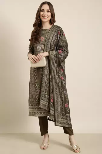 women's round neck floral olive straight kurta and trouser with dupatta