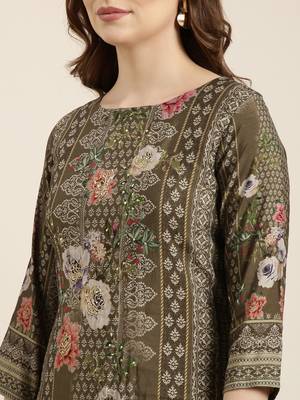 women's round neck floral olive straight kurta and trouser with dupatta 5