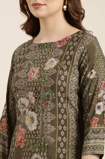 women's round neck floral olive straight kurta and trouser with dupatta