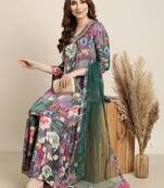 women's v-neck floral green straight kurti and palazzos with dupatta